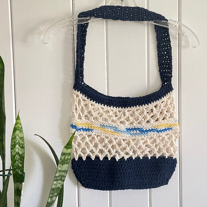 Navy Blue Cream Tote Shoulder Bag Purse Cotton Reusable Boho Multicolor Hand Crocheted Knit Pastel Yellow Blue