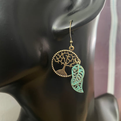 Tree of Life & Leaf Dangle Earrings 2”Mixed Metal Patina Brass Boho Bohemian