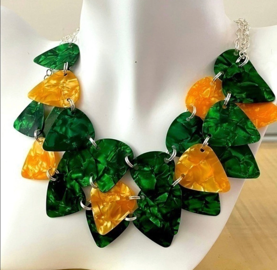 Layered Guitar Pick Statement Necklace Green Gold Punk Goth Rock Upcycle Repurposed