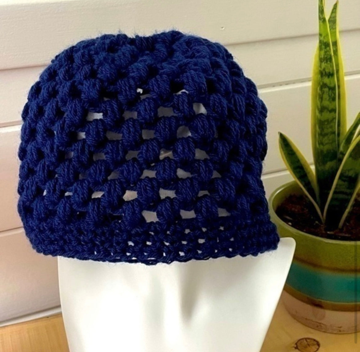 Royal Blue Messy Bun Ponytail Hat Open Puffy Stitch Hand Crochet Knit Outdoor Walking Hiking Active Athletes Winter