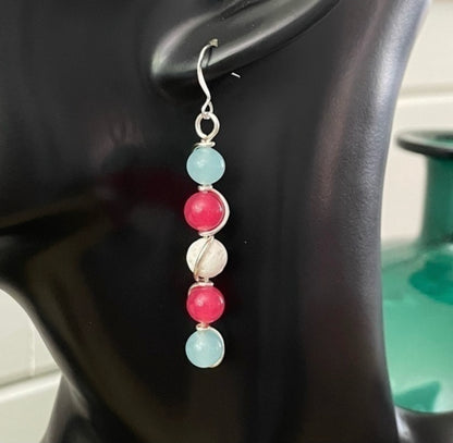 Trans Flag Wire Wrapped Drop Earrings 2.5" Pastel Blue Pink White Lava Stone Pride LGBTQIA Colorful Transgender Ally