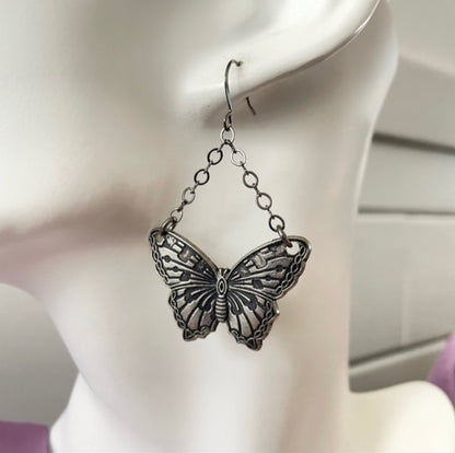 Mixed Metal Dangling Butterfly Statement Earrings 2.25" Asymmetrical Spring Summer