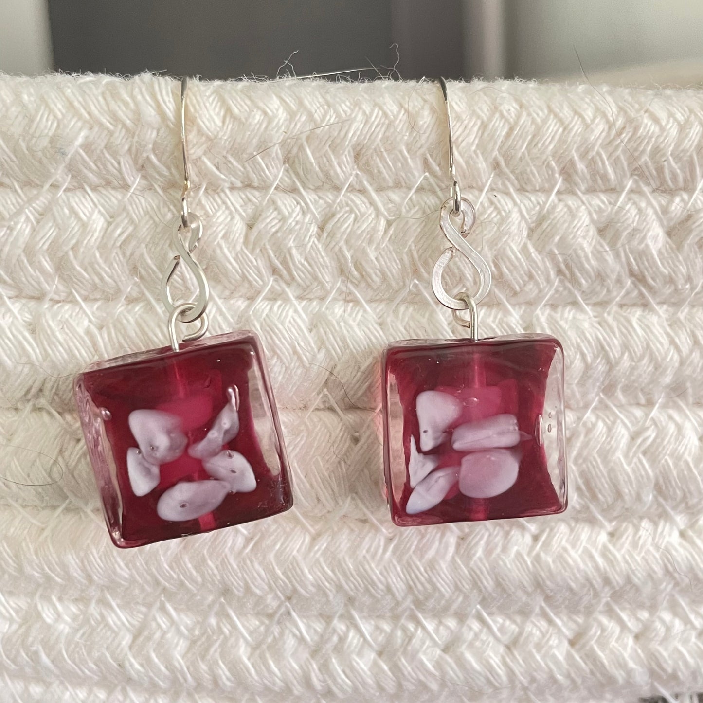 Square Glass Abstract Flower Earrings 1.5" Red Purple White Spring Summer Boho