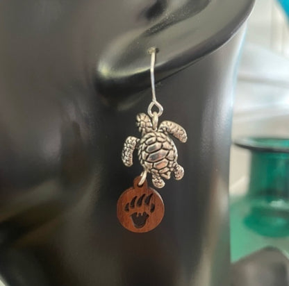 Turtle & Bear Paw Print Earrings 1.5" Mixed Metal Stamped Wood Ocean Western Women Gift Everyday Fashion Handmade Jewelry