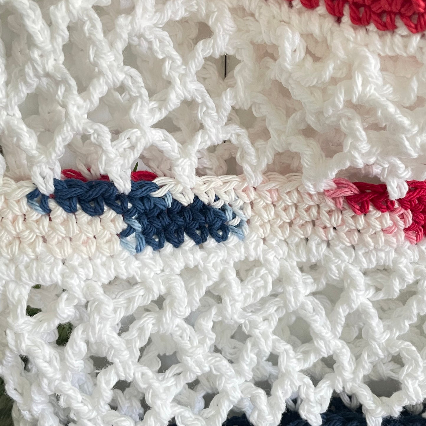 Red White Navy Blue Bottom Tote Bag Purse Cotton Reusable Boho Multicolor Hand Crocheted Knit Coastal Resort Beach