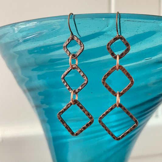 Geometric Hammered Copper Dangle Earrings 2.25” Long Textured Minimalist Women Gift Everyday Fashion Handmade Jewelry