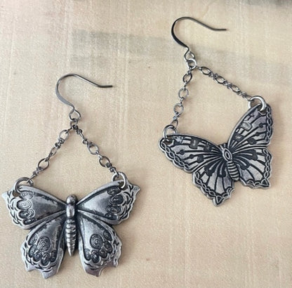 Mixed Metal Dangling Butterfly Statement Earrings 2.25" Asymmetrical Spring Summer