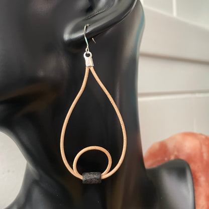 Lightweight Double Hoop Teardrop & Black Bead Earrings 3" Tan Cord Boho Date Night Daily