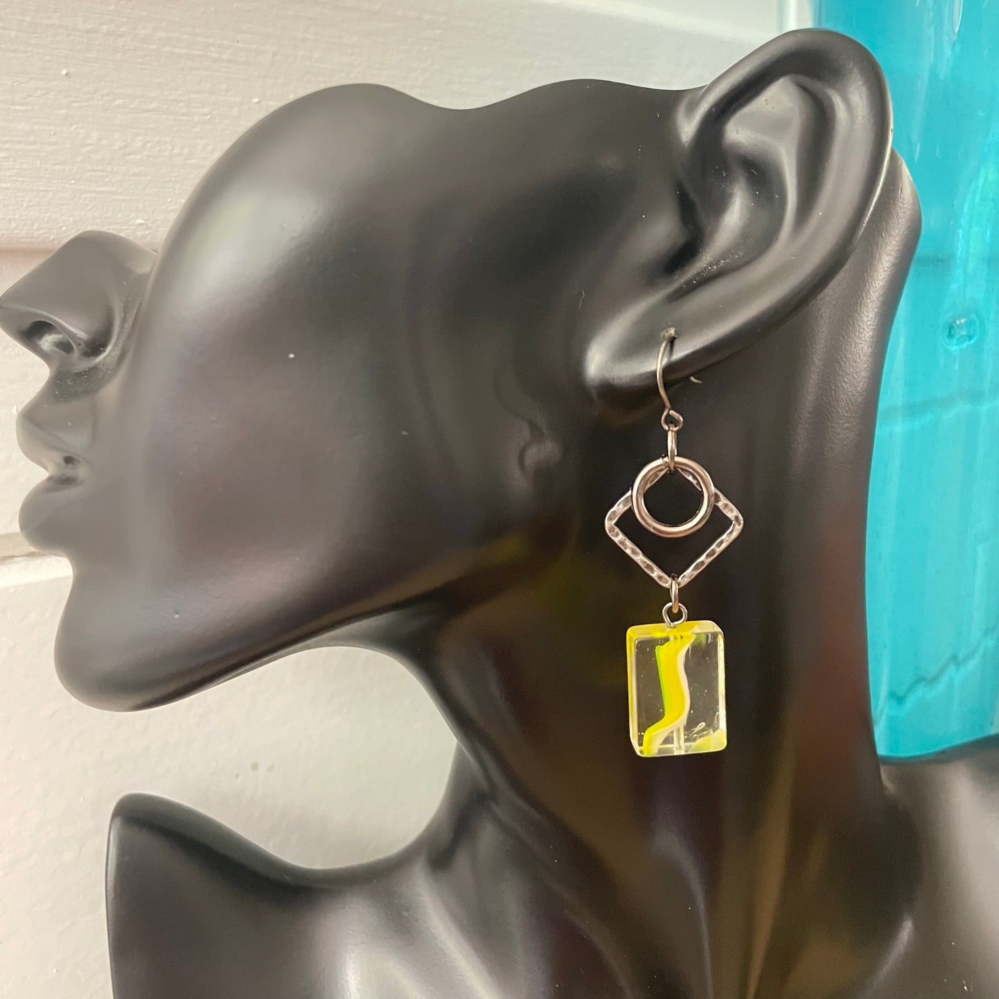 Yellow Swirl Glass Bead & Hammered Gunmetal Dangle Earrings 2.5” Geometric Clear Spring Summer Women Gift Everyday Fashion Handmade Jewelry