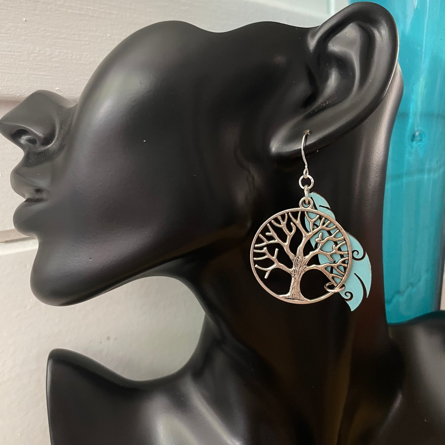 Antiqued Tree of Life & Hand Stained Turquoise Wood Feather Earrings 2.25” Boho Mixed Metal