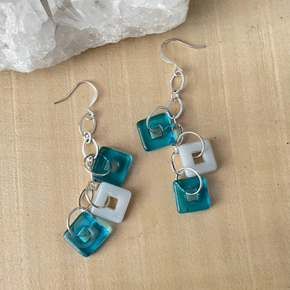 Long Blue & White Geometric Glass Wide Chain Earrings 2.75" Everyday Colorful Square Dangles Hand Crafted Women Gift Everyday Fashion Handmade Jewelry