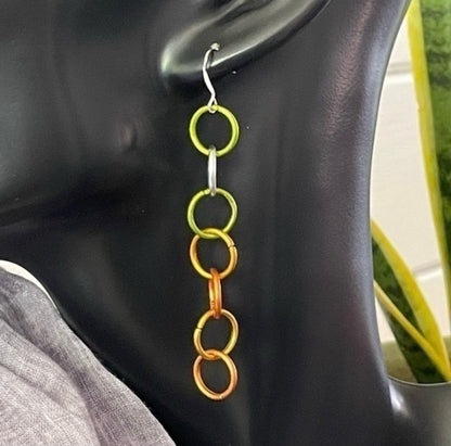 Multicolor Chain Link Earrings 3.12” Lightweight Mixed Metal Green Orange Minimalist