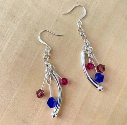 Swarovski Crystal & Curved Bar Dangle Earrings 2.5" Bi Flag Pink Purple Blue Ally Pride LGBTQIA Colorful Sparkle Glam