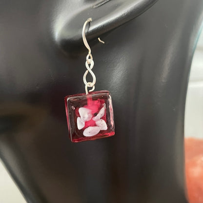 Square Glass Abstract Flower Earrings 1.5" Red Purple White Spring Summer Boho Women Gift Everyday Fashion Handmade Jewelry