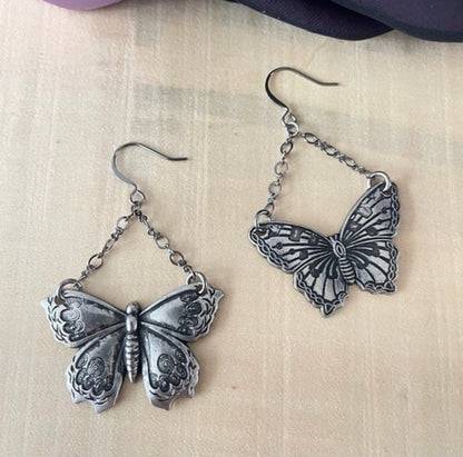 Mixed Metal Dangling Butterfly Statement Earrings 2.25" Asymmetrical Spring Summer