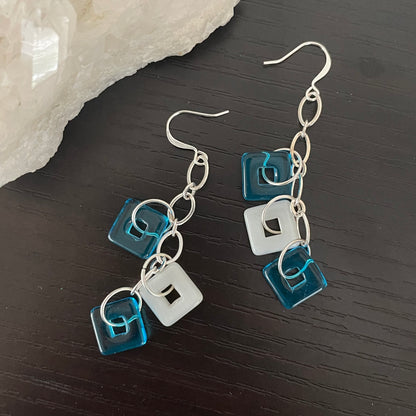 Long Blue & White Geometric Glass Wide Chain Earrings 2.75" Everyday Colorful Square Dangles Hand Crafted Women Gift Everyday Fashion Handmade Jewelry