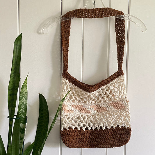 Sandy Beaches Tote Bag Purse Cotton Reusable Boho Multicolor Hand Crocheted Knit Cream Tan Brown Coastal