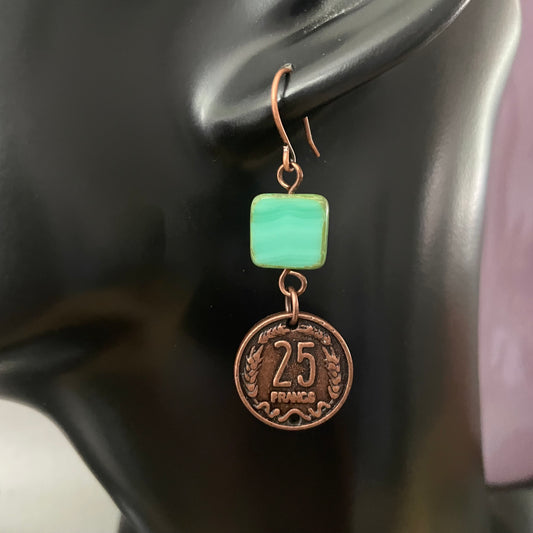 Repurposed French Coin & Blue Green Glass Drop Earrings 2” Copper Geometric Upcycled