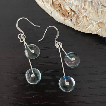 Clear Glass & Blue Green Swirl Accent Dangle Earrings 1.75" Floral Flower Boho Women Gift Everyday Fashion Handmade Jewelry