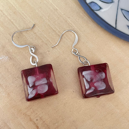 Square Glass Abstract Flower Earrings 1.5" Red Purple White Spring Summer Boho Women Gift Everyday Fashion Handmade Jewelry