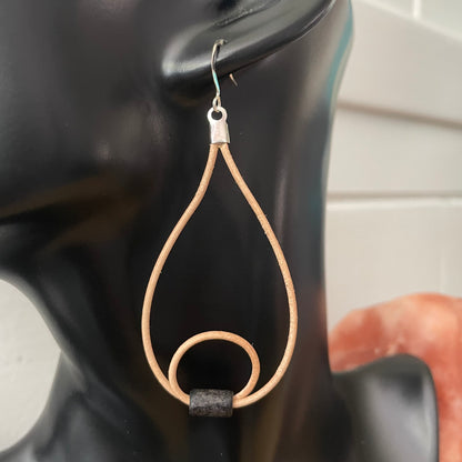 Lightweight Double Hoop Teardrop & Black Bead Earrings 3" Tan Cord Boho Date Night Daily