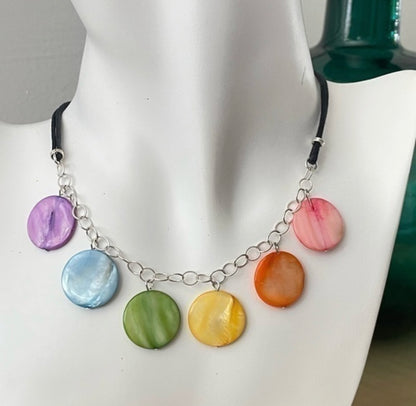 Iridescent Pastel Dangling Shell Necklace 16.5" Rainbow Pride LGBT Ally Double Black Cord Chain Hand Crafted