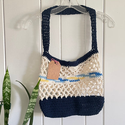 Navy Blue Cream Tote Shoulder Bag Purse Cotton Reusable Boho Multicolor Hand Crocheted Knit Pastel Yellow Blue