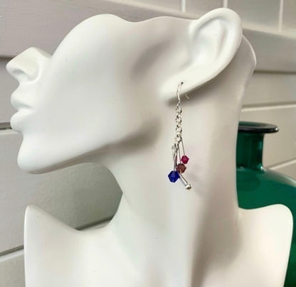 Swarovski Crystal & Curved Bar Dangle Earrings 2.5" Bi Flag Pink Purple Blue Ally Pride LGBTQIA Colorful Sparkle Glam