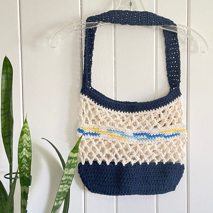 Navy Blue Cream Tote Shoulder Bag Purse Cotton Reusable Boho Multicolor Hand Crocheted Knit Pastel Yellow Blue