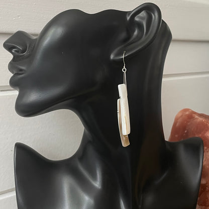 Long Ivory Shell Dangle Earrings 3.25" Iridescent Coastal Beach Resort Cream Women Gift Everyday Fashion Handmade Jewelry