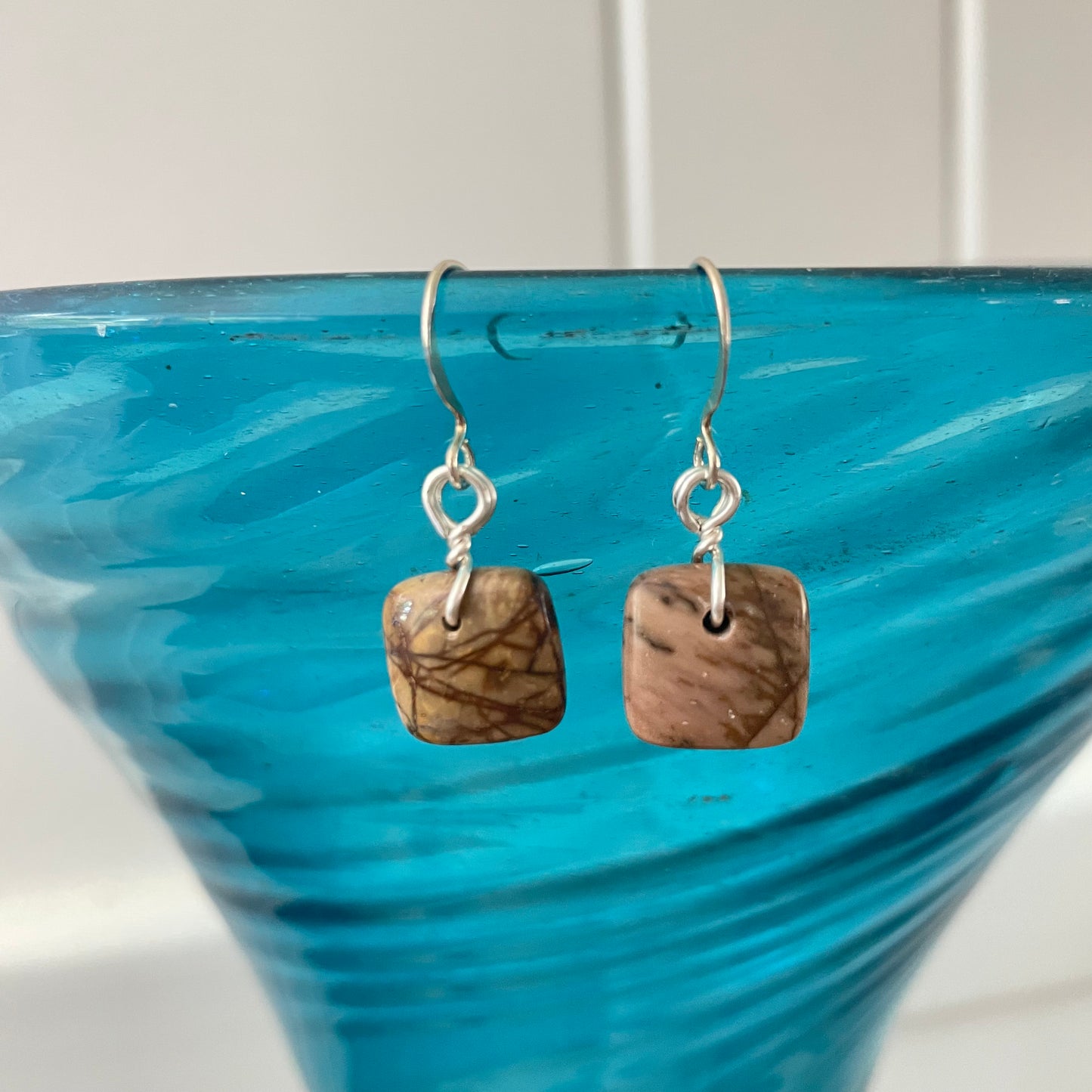 Mini Square Jasper Drop Earrings 1.25” Geometric Fall Brown Marble Tones Minimalist