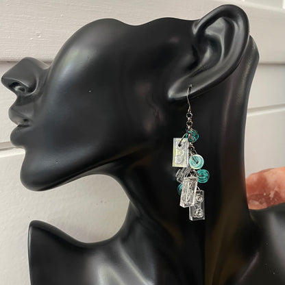 Long Geometric Building Block & Gunmetal Earrings 3" Dangle Playful Colorful Light Blue Clear Repurposed Upcycled Lego Women Gift Everyday Fashion Handmade Jewelry