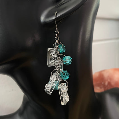 Long Geometric Building Block & Gunmetal Earrings 3" Dangle Playful Colorful Light Blue Clear Repurposed Upcycled Lego Women Gift Everyday Fashion Handmade Jewelry