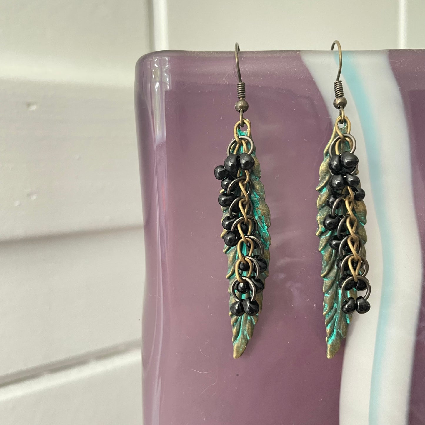 Long Metal Feather & Mini Black Glass Dangling Accent Bead Chain Earrings 2.75" Antiqued Patina Brass Southwestern