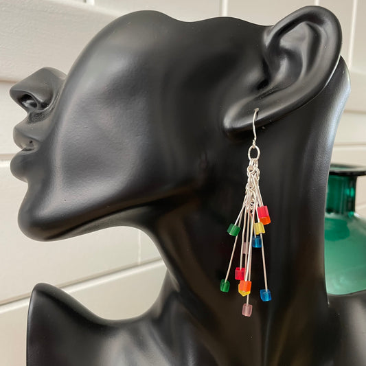 Long Rainbow Firework Dangle Earrings 3.25" Colorful Frosted Glass Pride LGBTQ Ally Hand Crafted