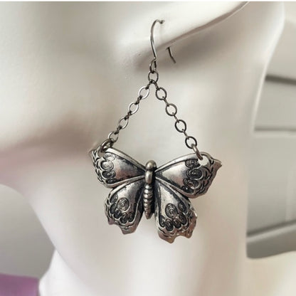 Mixed Metal Dangling Butterfly Statement Earrings 2.25" Asymmetrical Spring Summer