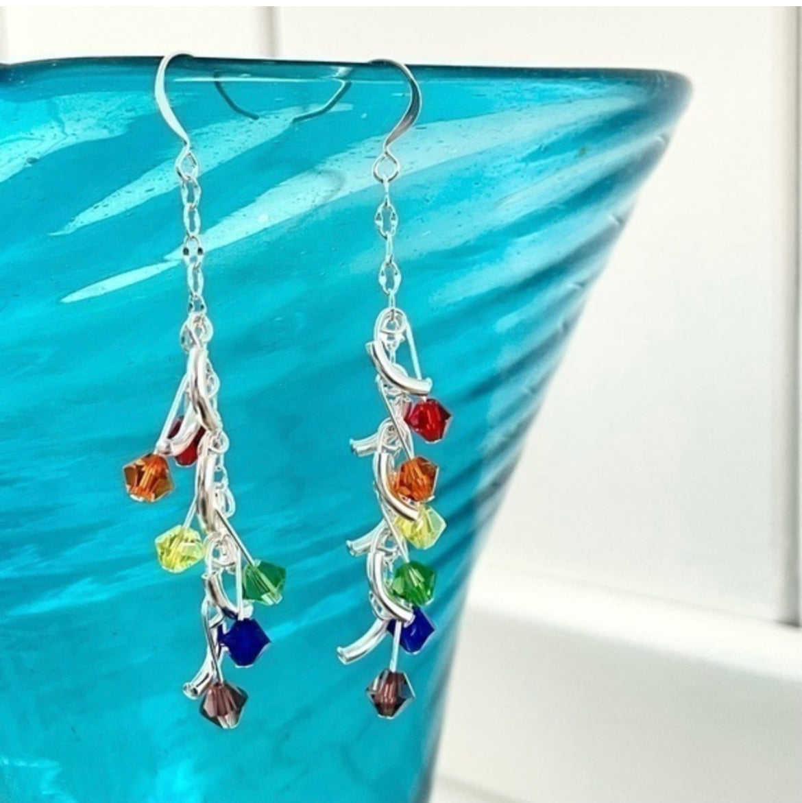 Rainbow Swarovski Crystal & Mini Curved Bar Dangle Earrings 3" Long Sparkle Pride LGBT Ally Colorful Glam