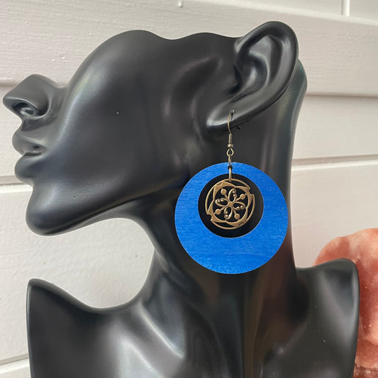 Cobalt Blue Wood Hoop & Thin Stamped Brass Earrings 3" Hand Stained Geometric Drama Statement Bold Lightweight