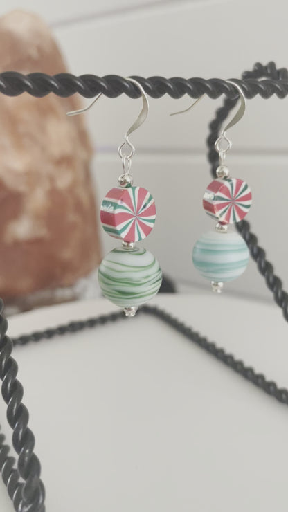 Peppermint Candy Rounds & Swirled Green Glass Bead Earrings White Red Asymmetric Acrylic Rubber Christmas Colorful