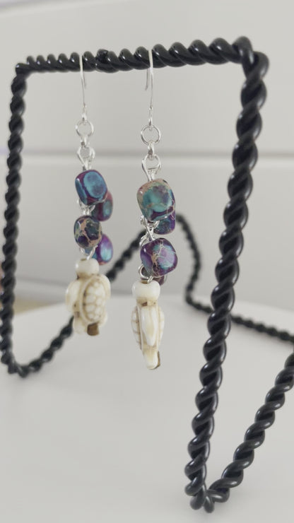 Marbled Imperial Jasper Cube & Cream Magnesite Turtle Dangle Earrings Handmade Ocean Sea Life Mini Wood Bead Multicolor Purple Blue