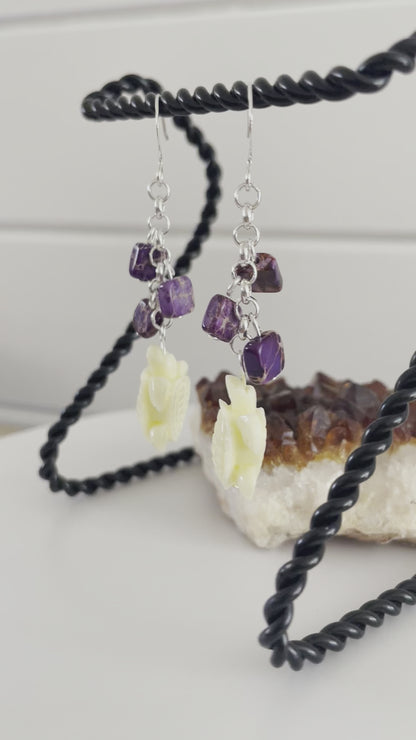 Purple Marble Imperial Jasper Squares & Cream Acrylic Turtle Dangle Earrings Handmade Ocean Sea Life Multicolor