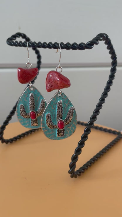 Handmade Saguaro & Polished Coral Earrings Hammered Texture Mixed Metal Cactus Southwest Western Desert Orange Red Blue Green