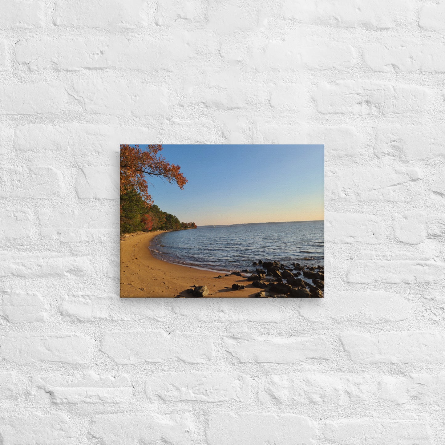 Riverside Beachfront Landscape on Thin Canvas Nature Photograph Scenic Photo Picture America Autumn Trees Water Cool Wall Art