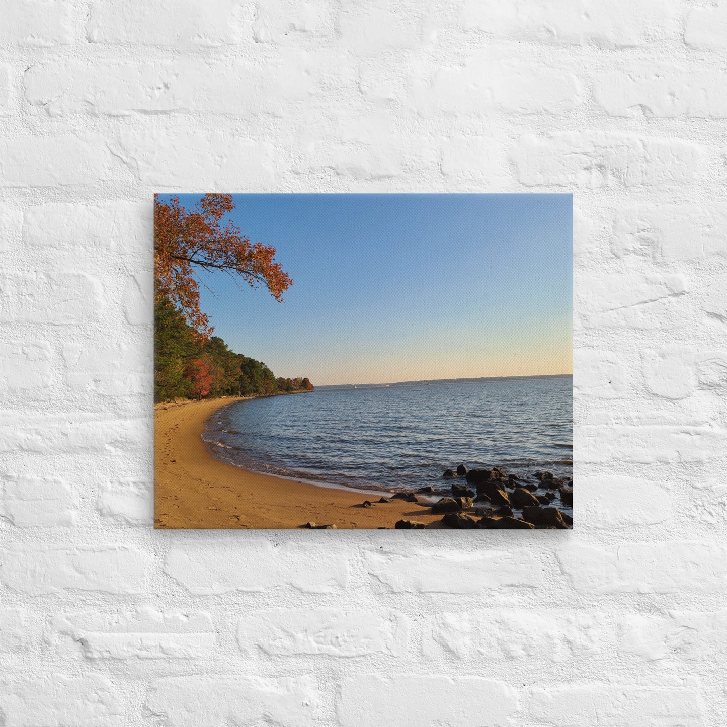 Riverside Beachfront Landscape on Thin Canvas Nature Photograph Scenic Photo Picture America Autumn Trees Water Cool Wall Art