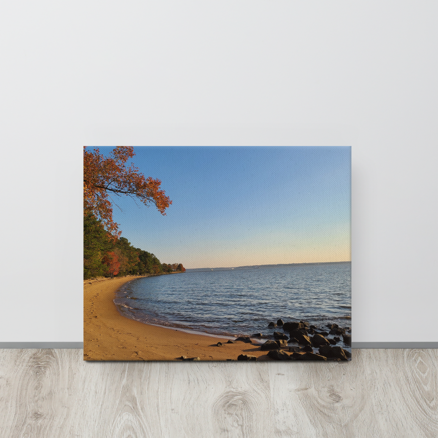 Riverside Beachfront Landscape on Thin Canvas Nature Photograph Scenic Photo Picture America Autumn Trees Water Cool Wall Art