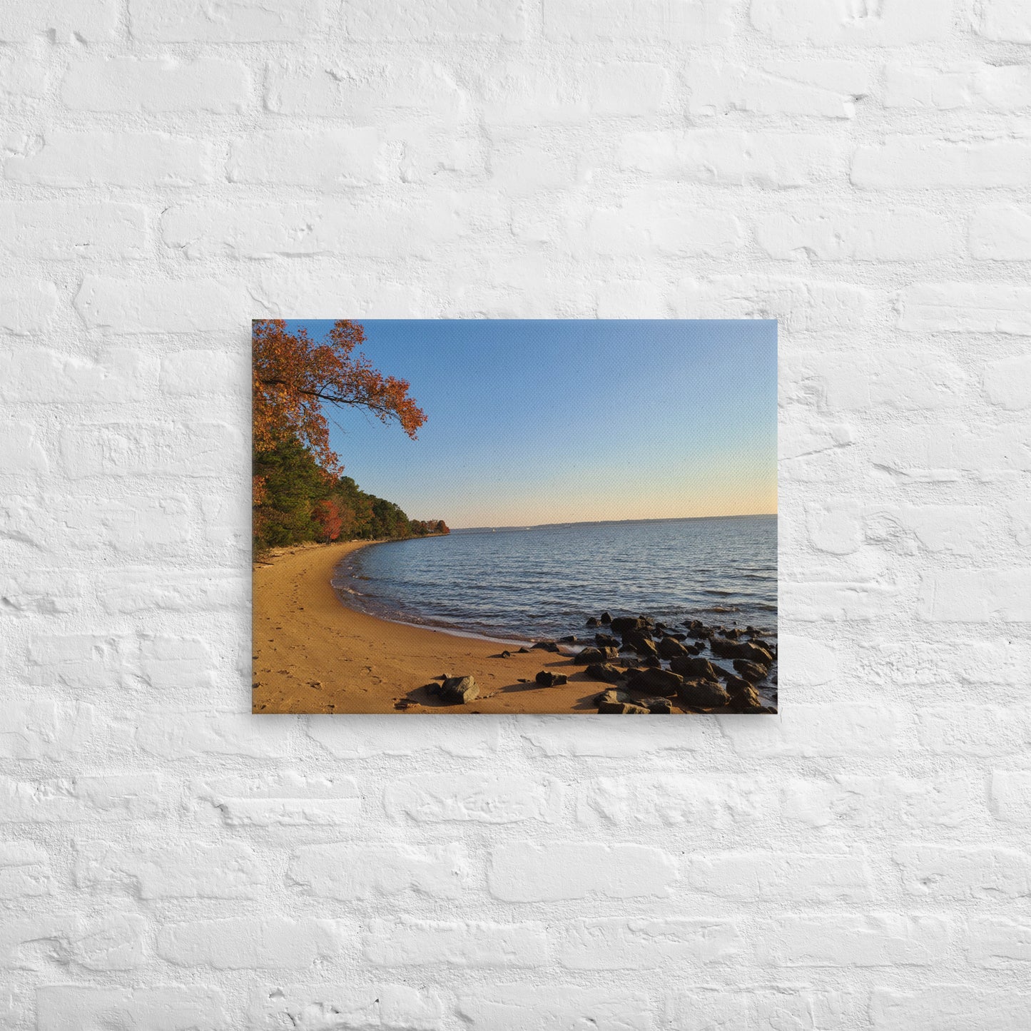 Riverside Beachfront Landscape on Thin Canvas Nature Photograph Scenic Photo Picture America Autumn Trees Water Cool Wall Art